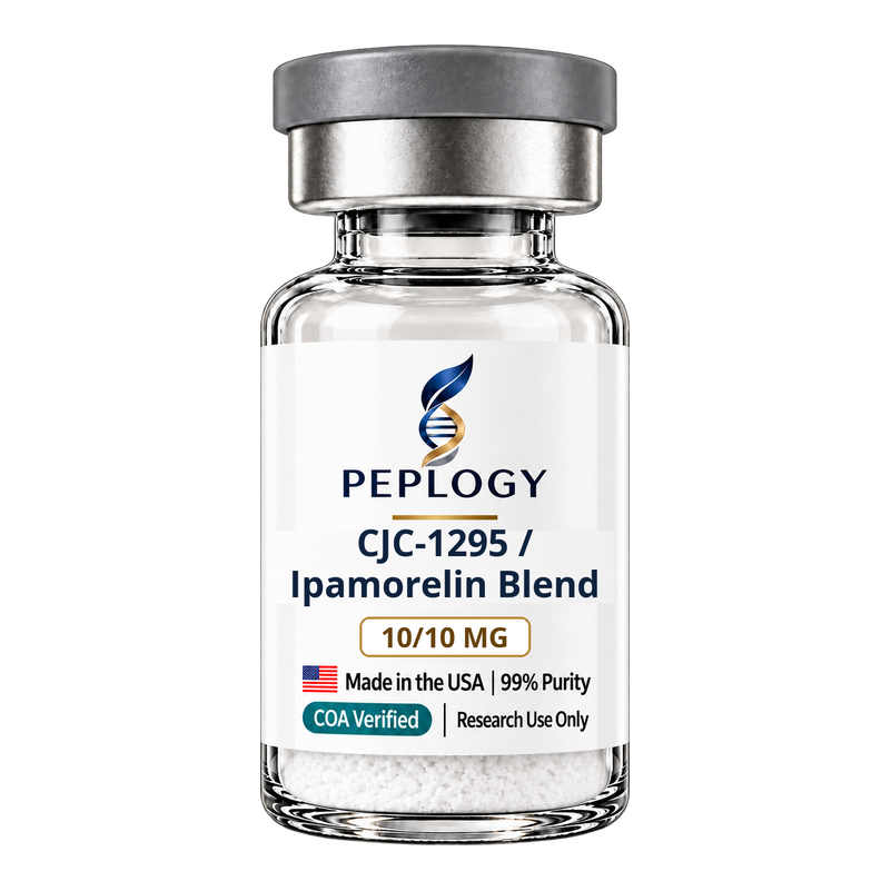 CJC-1295 / Ipamorelin Blend 10/10 MG research peptide vial by Peplogy