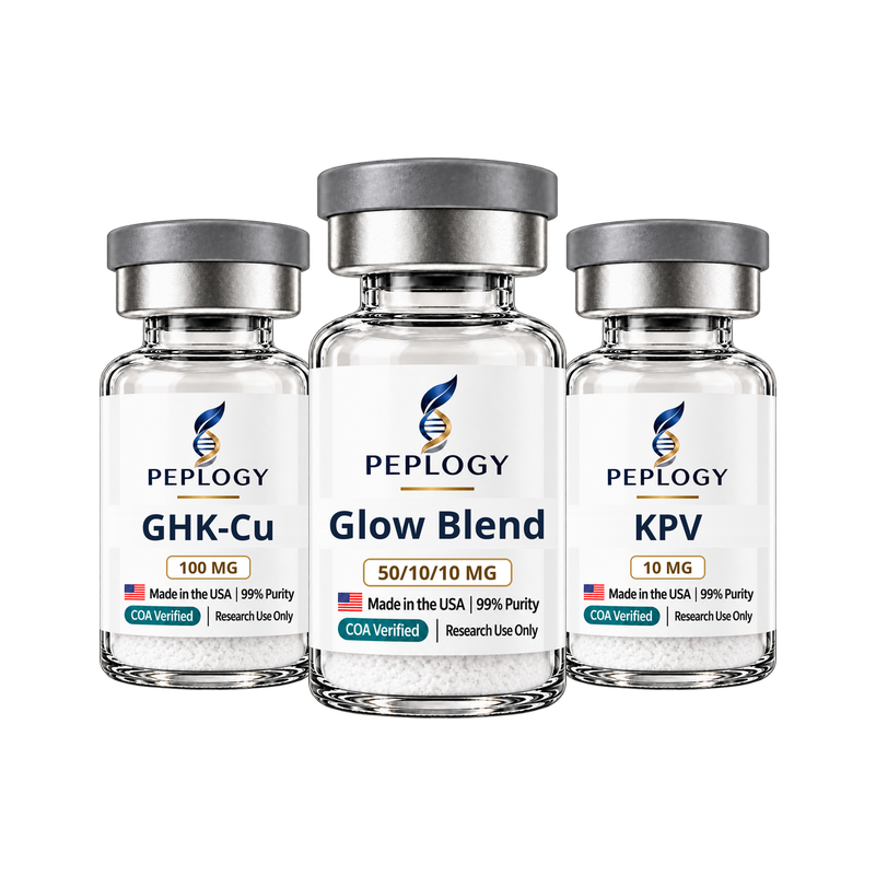 Glow Research Bundle: GHK-Cu 100 mg, Glow Blend 50/10/10 mg and KPV 10 mg research vials by Peplogy
