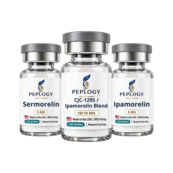 Growth Hormone Research Bundle: Sermorelin 5 mg, CJC-1295 / Ipamorelin 10/10 mg and Ipamorelin 5 mg research vials by Peplogy