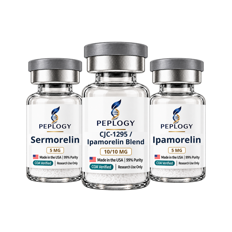 Growth Hormone Research Bundle: Sermorelin 5 mg, CJC-1295 / Ipamorelin 10/10 mg and Ipamorelin 5 mg research vials by Peplogy