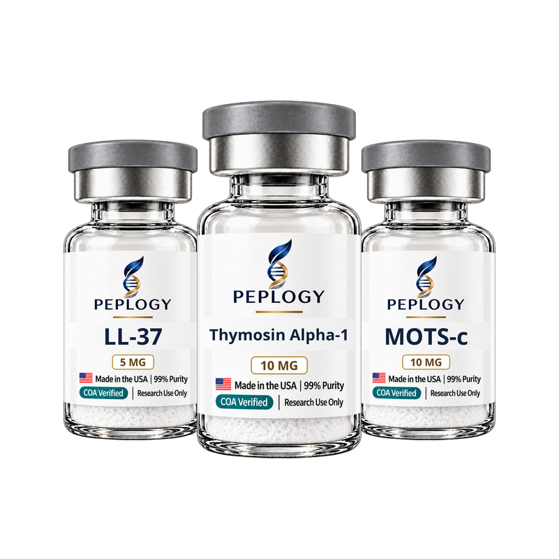 Immune Research Bundle: LL-37 5 mg, Thymosin Alpha-1 10 mg and MOTS-c 10 mg research vials by Peplogy