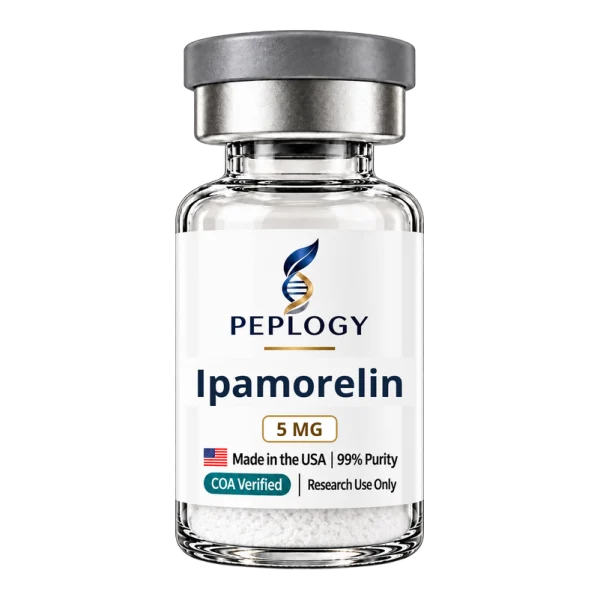 Ipamorelin 5 MG research peptide vial by Peplogy