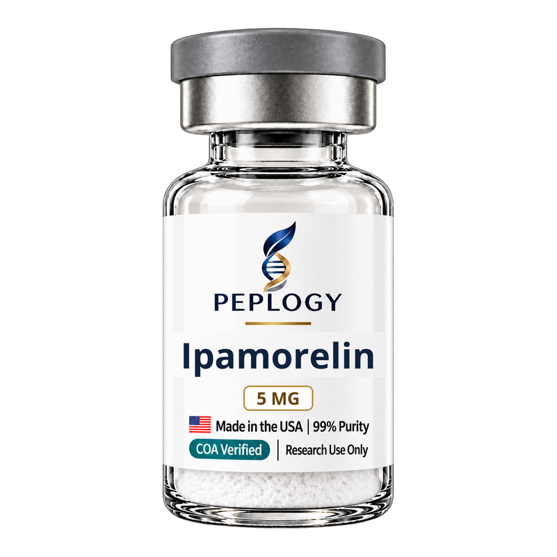Ipamorelin 5 MG research peptide vial by Peplogy