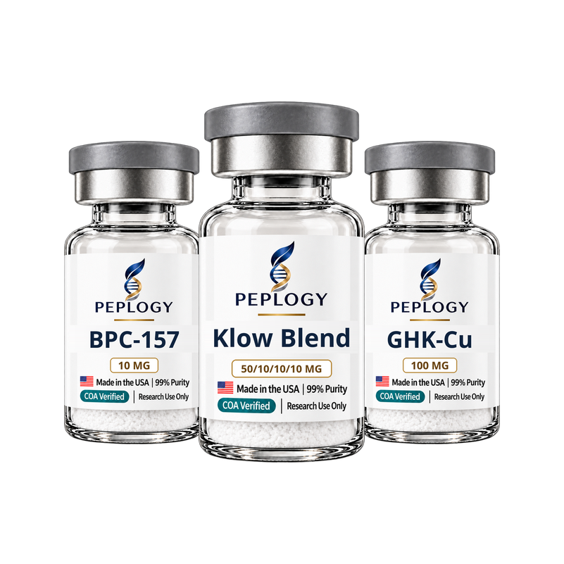 Klow Research Bundle: BPC-157 10 mg, Klow Blend 50/10/10/10 mg and GHK-Cu 100 mg research vials by Peplogy