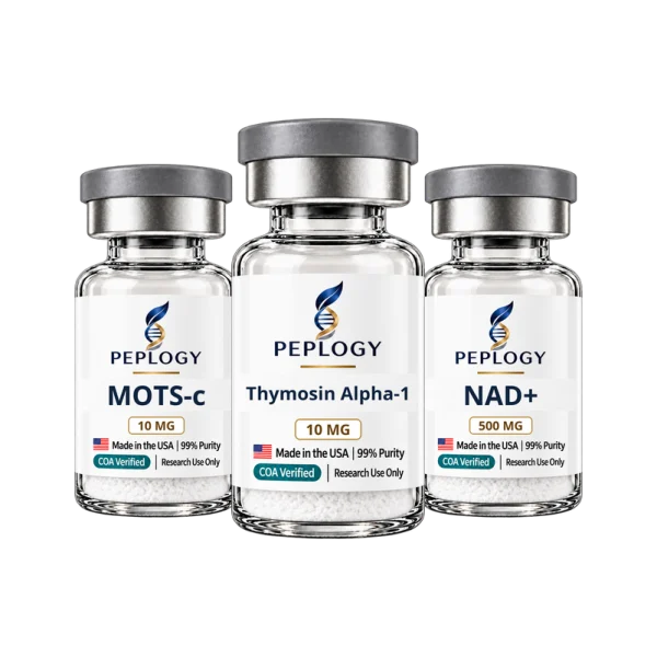 Longevity Research Bundle: MOTS-c 10 mg, Thymosin Alpha-1 10 mg and NAD+ 500 mg research vials by Peplogy