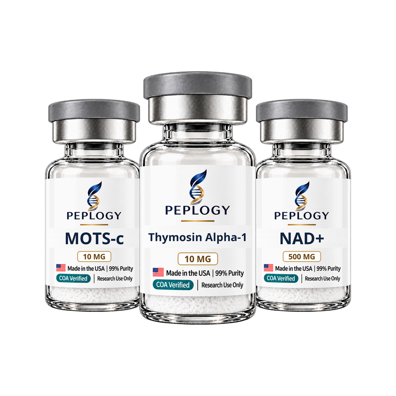 Longevity Research Bundle: MOTS-c 10 mg, Thymosin Alpha-1 10 mg and NAD+ 500 mg research vials by Peplogy
