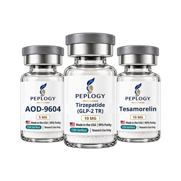 Metabolic Research Bundle: AOD-9604 5 mg, Tirzepatide 10 mg and Tesamorelin 10 mg research vials by Peplogy