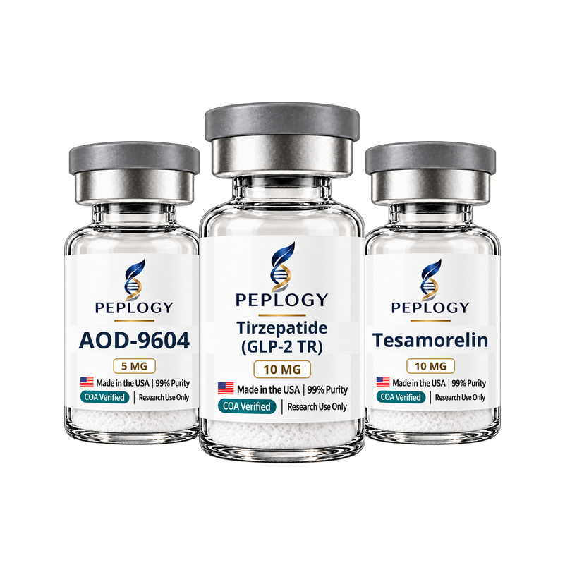 Metabolic Research Bundle: AOD-9604 5 mg, Tirzepatide 10 mg and Tesamorelin 10 mg research vials by Peplogy