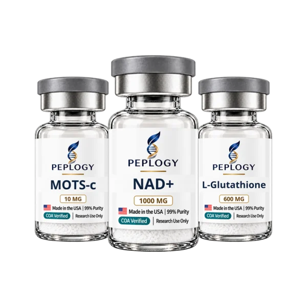 Mitochondria Research Bundle: MOTS-c 10 mg, NAD+ 1000 mg and L-Glutathione 600 mg research vials by Peplogy