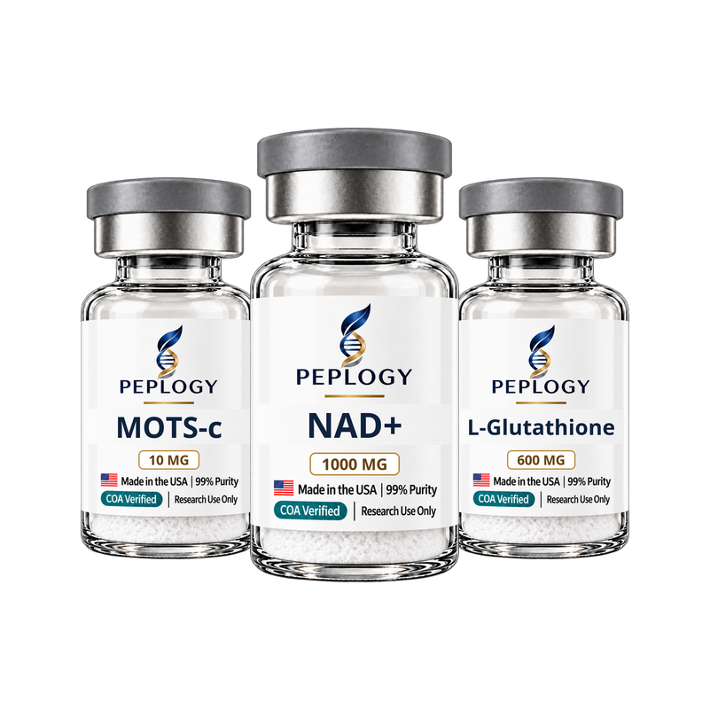 Mitochondria Research Bundle: MOTS-c 10 mg, NAD+ 1000 mg and L-Glutathione 600 mg research vials by Peplogy