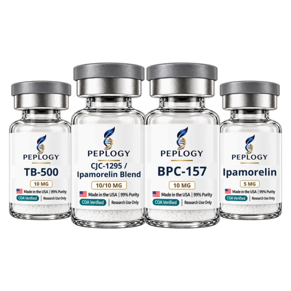 Recovery Research Bundle: TB-500 10 mg, CJC-1295 / Ipamorelin 10/10 mg, BPC-157 10 mg and Ipamorelin 5 mg research vials by Peplogy