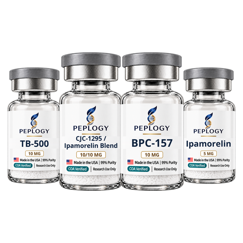 Recovery Research Bundle: TB-500 10 mg, CJC-1295 / Ipamorelin 10/10 mg, BPC-157 10 mg and Ipamorelin 5 mg research vials by Peplogy