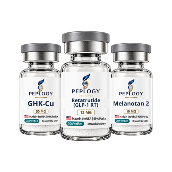 Retatrutide Plus Research Bundle: GHK-Cu 50 mg, Retatrutide 12 mg and Melanotan 2 10 mg research vials by Peplogy