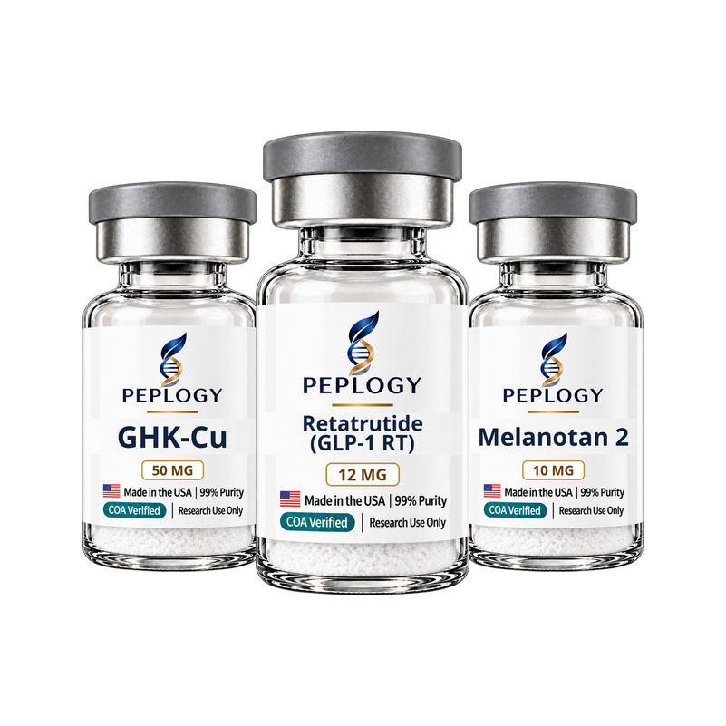 Retatrutide Plus Research Bundle: GHK-Cu 50 mg, Retatrutide 12 mg and Melanotan 2 10 mg research vials by Peplogy