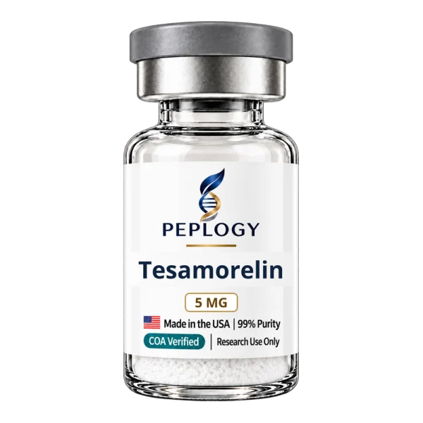 Tesamorelin 5 MG research peptide vial by Peplogy