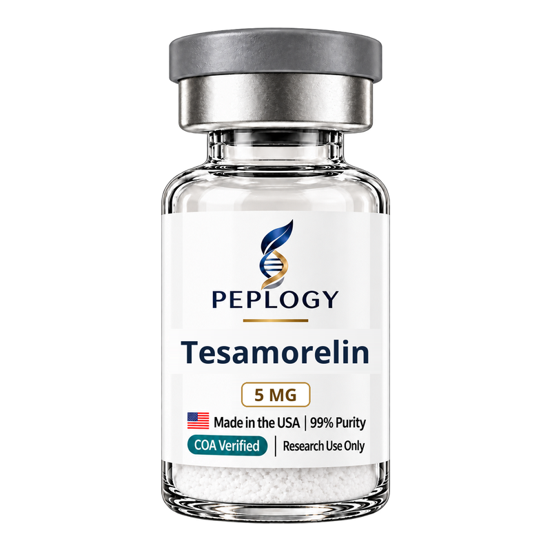Tesamorelin 5 MG research peptide vial by Peplogy