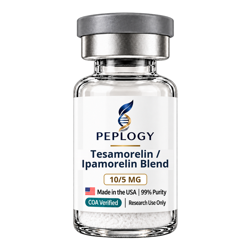 Tesamorelin / Ipamorelin Blend 10/5 MG research peptide vial by Peplogy