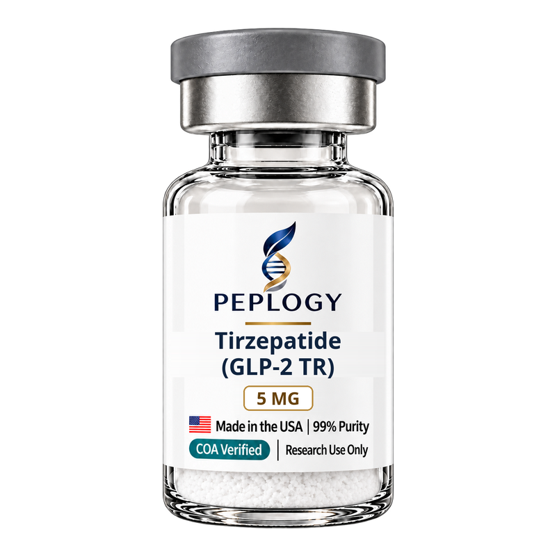 Tirzepatide (GLP-2 TR) 5 MG research peptide vial by Peplogy
