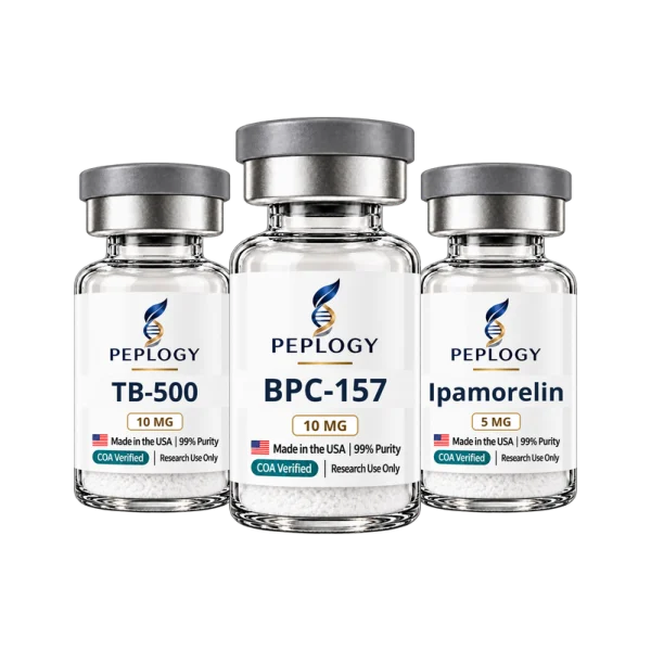 Wolverine Research Bundle: TB-500 10 mg, BPC-157 10 mg and Ipamorelin 5 mg research vials by Peplogy