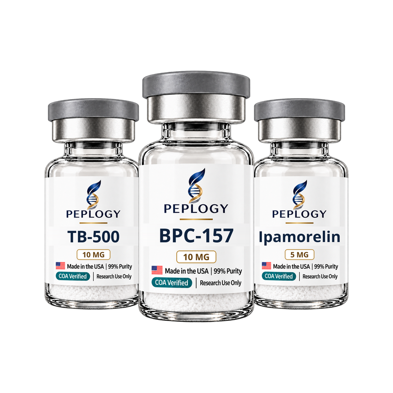 Wolverine Research Bundle: TB-500 10 mg, BPC-157 10 mg and Ipamorelin 5 mg research vials by Peplogy